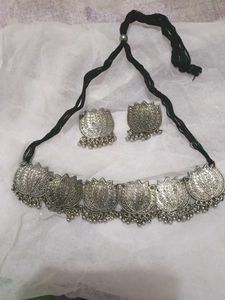 Oxidized Silver Lotus Necklace &amp; Earrings Set