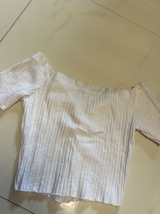 Bershka ripped off-shoulder buttonup croptop