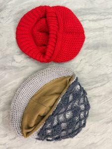 Chunky Knit Red Beret &amp; Crochet Grey Hat Set
