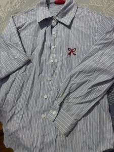 Blue Striped Shirt with Red Bow