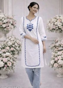 White Kurta with Blue Embroidery