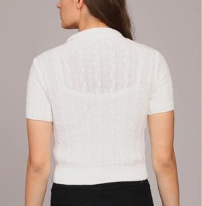 Chic White Cable Knit Polo Top
