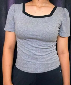 Grey Square Neck Puff Sleeve Top