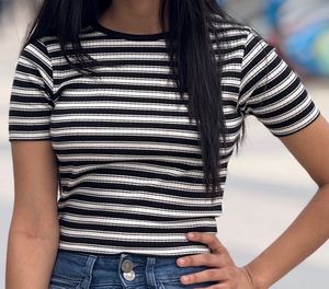 Black and White striped ribbed women's crop Top !