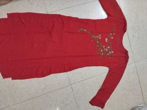 Red Embroidered Asymmetrical Kurta