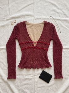 Burgundy Lace V-Neck Top