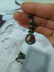 Elegant Jhumka Earrings with Green Stones