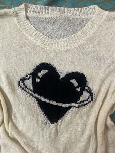 Cream Knit Top with Black Heart Graphic