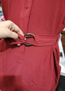 Chic Red Collared Dress with Belt