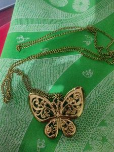 Gold Tone Butterfly Pendant Long Necklace