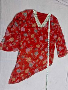 Red Chiffon Floral Asymmetric Top with Lycra Linin