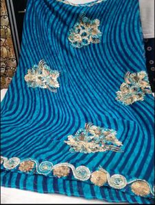 Blue Striped Saree with Gold Embroidery