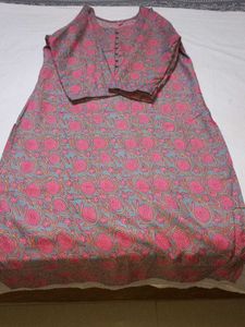 Grey &amp; Pink Floral Print Kurta