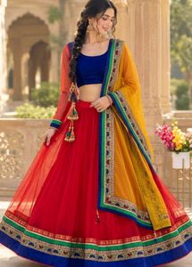 Red Net Lehenga Choli with Blue Blouse