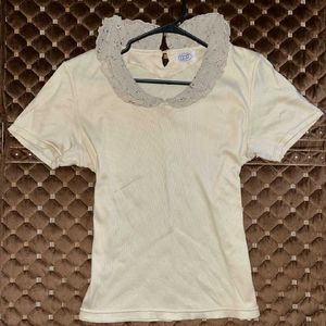 Cream Lace Collar Ribbed Top