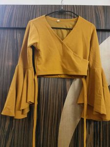 Women's Mustard Yellow Bell Sleeve Wrap Top