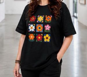 Black T-Shirt with Floral Graphic Print