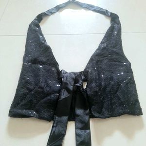 🖤 Handcrafted Black Sequin Halter Tie-Front Top