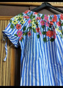 Blue Striped Off-Shoulder Floral tunic