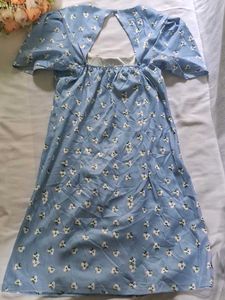 Cute Blue Floral Puff Sleeve Dress