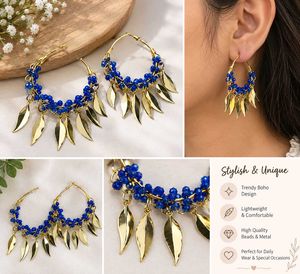 Blue Beaded Gold Leaf Hoop Earrings ✨and a free re