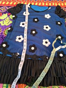 Blue Floral Mesh Dress with Black Lace Trim