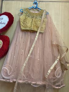Golden And Peach Net Designer Lehanga