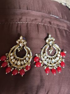 Elegant Red &amp; Gold Kundan Earrings