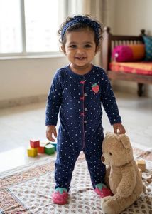 Cute Baby Girl Navy Polka Dot Romper