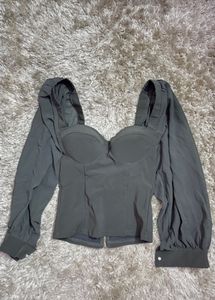 Chic Grey Puff Sleeve Corset Top