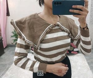 Striped Knit Top with Sailor Collar
