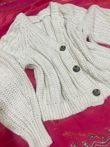 white  Knit Button-Up Cardigan