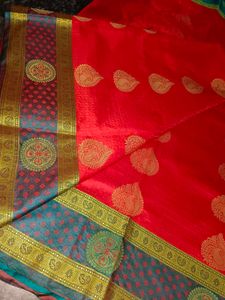 Vibrant Red Saree with Teal Border