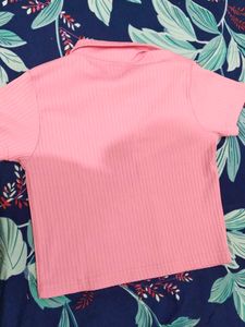 Pink Ribbed Polo Neck Top