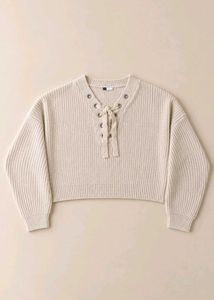 CREAM LACE-UP CROPPED KNIT SWEATER