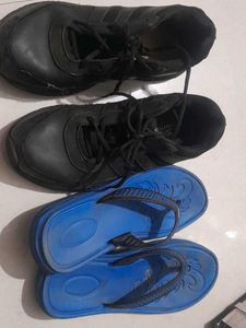 like New  Black Adidas Shoes & Blue Flip Flops