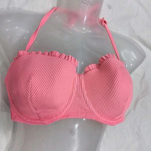 Pink Ribbed🪔 Ruffle Bikini Top