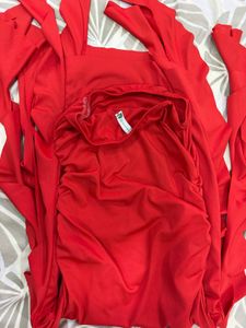 Red Strapless Ruffle Dress