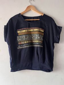 Navy Blue Embroidered Top