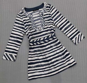 Striped Tunic Top with Embellished Neckline