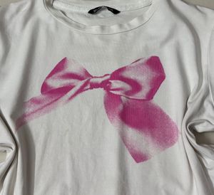 White Crop Top with Pink Bow Graphic