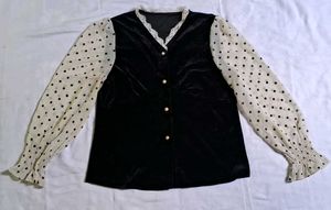 Chic Black Velvet & Polka Dot Blouse