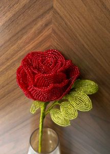 Beaded Red Rose with Leaves