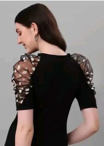 Chic Black Top with Floral Puff Sleeves