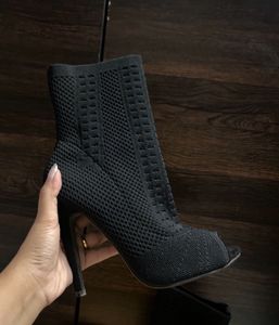 Black Peep-Toe Heeled Boots