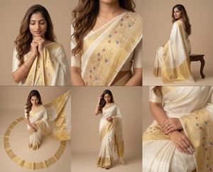new golden and white south indian saree