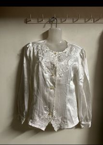 White Embroidered Satin Blouse