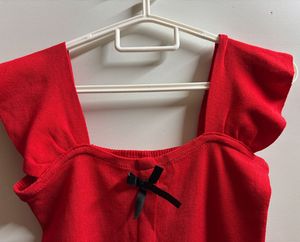 Red Flutter Sleeve Top with Bow Detail