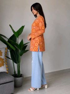 Vibrant Orange Floral Print Kurta_XXL