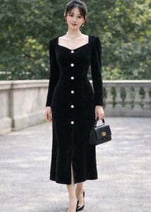 Elegant Black Velvet Button Dress
